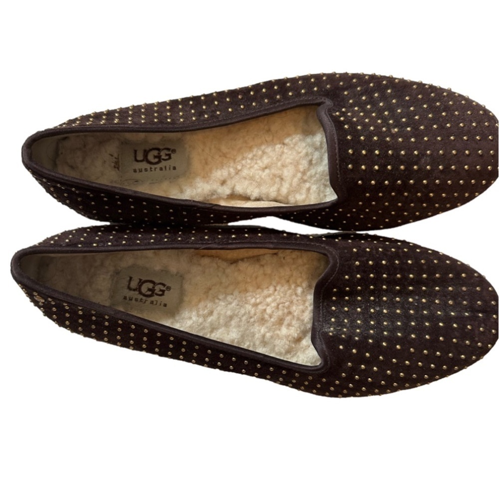 UGG brown loafers with fur inside and gold dots on the outside size 37 - Picture 3 of 5